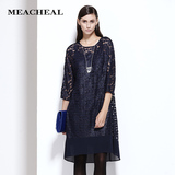 MEACHEAL米茜尔 藏蓝色高端蕾丝雕花连衣裙 专柜正品秋季新款女装