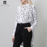 FEXATA2016女装新款韩版春装抽象线性前短后长衬衫百搭显瘦上衣女