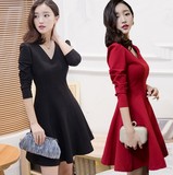 2016韩版女装时尚显瘦中长款V领裙子大码春装长袖修身打底连衣裙