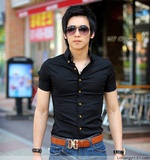 春夏男士商务修身免烫立领短袖衬衫韩版时尚休闲高领半袖黑色衬衣