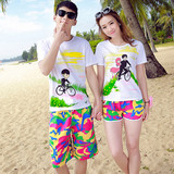 夏季情侣海边度假沙滩套装男女韩版短袖T恤速干裤两件套休闲套装