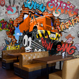 大型3D涂鸦壁画复古欧式彩绘砖墙墙纸咖啡餐厅酒吧背景壁纸汽车