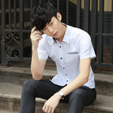 夏季青年男士土短袖衬衫修身韩版男式学生青少年潮流寸子帅气衣服