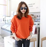 韩国代购2016春季新款宽松休闲套头卫衣女 橙色短款高腰上衣外套