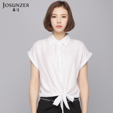 Josunzer女装衬衫2016春夏韩版棉麻时尚休闲白色短袖衬衫女衬衣