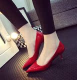 香港IT代购漆皮尖头浅口单鞋中低跟红色婚鞋小细跟真皮高跟女鞋