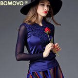 Bomovo2016秋季女装欧美高档V领蕾丝拼接打底衫女黑色显瘦上衣秋