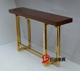 胡桃木纹金色玄关台不锈钢条几现代墙边桌简约玄关桌子长条桌定制