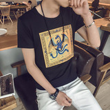 夏季男士中国风刺绣贴布短袖T恤加肥加大码民族风半袖打底衫男装