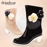 【dripdrop】2014韩版时尚高跟女短靴雨鞋 中筒雨靴 山茶花水鞋女