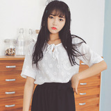 2016夏季雪纺衫女短袖韩版中长款宽松时尚纯色百搭蕾丝打底衫上衣