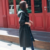 韩国东大门2016秋装新品外套女中长款修身显瘦学院风带帽黑色风衣