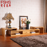 fs全实木柏木电视柜组合伸缩电视机柜简约厅柜电视墙中式客厅现代