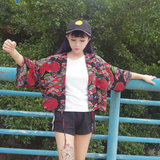 日式chic小众风复古花朵短款半袖V领开衫披肩式沙滩浴衣和服外套
