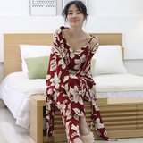 Bananagirl韩国女士睡衣春秋长袖奢华吊带睡衣性感三件套装家居服
