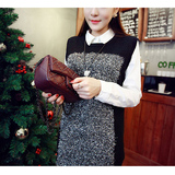 2015冬季新款 韩版灰色无袖拼接亮丝马甲针织衫 中长款背心毛衣女