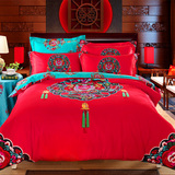 月诺家纺加厚磨毛红色结婚庆床品新中式床上用品纯棉全棉四件套件
