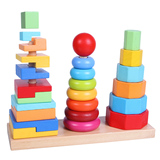 儿童彩虹套塔木制玩具 叠叠乐形状认知积木形状配对玩具1-2-3-5岁