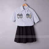 JunAiYiShe夏女装新品短袖贴布衬衫+镂空收腰蕾丝A字半裙两件套装