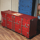 美式乡村复古集装箱造型电视柜工业风格做旧带轮可移动储物柜家具