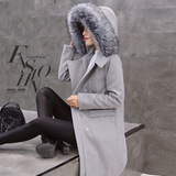 2015韩版女士秋冬中长款呢子大衣加绒加厚修身连帽女装毛呢外套