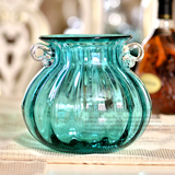欧式蓝色彩色花瓶 双耳透明彩色玻璃花瓶餐桌花插现代时尚花器