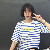 夏季女装韩国范宽松大码英文字母条纹显瘦短袖上衣t恤男女 同款