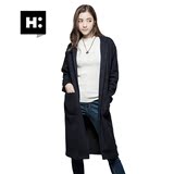 H:CONNECT时尚韩版女装中长款针织开衫翻领毛衣外套2016新款春季