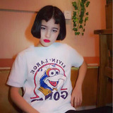 2016春季新款韩版女装修身显瘦卡通印花T恤 学生女圆领短袖打底衫