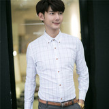 春季青年格子衬衫男士长袖修身型韩版衬衣学生常规薄款打底寸衫潮