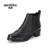 Westlink/西遇春季冬季新款 真皮布洛克女鞋中粗跟切尔西短靴ZG