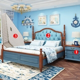 地中海双人床 蓝色软靠实木婚床床头柜床垫卧室三件套装组合家具