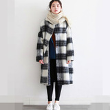 韩国原单萌妹子2015年秋冬新款中长款羊毛呢复古格子大衣外套女
