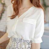 2016夏季韩版宽松显瘦五分中袖打底上衣白色V领雪纺衬衫女士韩范