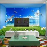3D蓝天大海风景墙纸壁画现代简约地中海风格电视背景墙壁纸画