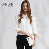 WEWE/唯唯2016秋新款低立领七分袖白色衬衫女纱网拼接衬衣女上衣