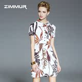 ZIMMUR2016夏季新款女装立领短袖欧美时尚气质修身真丝印花连衣裙