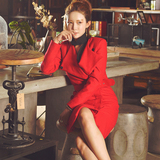 2015冬季高端新品韩版修身大衣毛呢外套红色气质腰带外套女