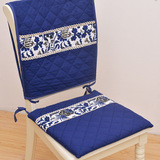 俏江南中国风蓝色花椅垫餐桌椅布套 棉麻绗缝蕾丝花边沙发坐垫