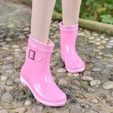 韩版时尚中筒女雨鞋加棉粉色光板雨靴