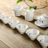 茗瓷点 渔趣青花白瓷手绘功夫茶具6人套装 陶瓷盖碗斗笠茶杯整套
