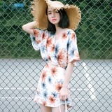 蜜妃儿套装女2016夏季新款韩版短款V领雪纺上衣+高腰半身裙短裙女