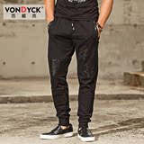 VONDYCK/范戴克个性男裤潮流拼皮卫裤 修身韩版运动裤简约休闲裤