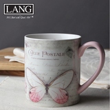 美国LANG水杯 陶瓷咖啡马克杯奶茶杯 美式花园大容量 粉色蝴蝶