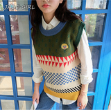 【J.GIRL】韩国学院风 童趣几何拼接女装 套头毛衣马甲针织背心