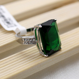 韩版长方形水晶戒指 简约气质女食指环 欧美精致绿宝石饰品镀18K