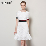 Tinee 2016夏季新款女螺纹腰拼接白色蕾丝连衣裙 修身鱼尾小白裙