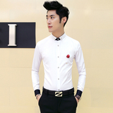 韩版小码紧身衣服潮流小领新郎白衬衫薄款修身主持人长袖衬衣男装
