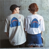 2016夏季男士前后印花宽松TEE韩版男女情侣款可爱卡通鲨鱼短袖T恤