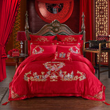 婚庆床品 全棉结婚四件套大红色贡缎奢华刺绣十件套床单式1.8m床